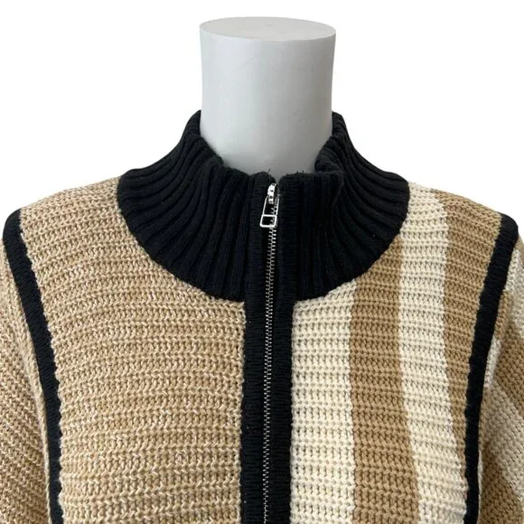 $295 Staud Tan Stripe Mock Neck Zip Hampton Sweater size L - Picture 3 of 7